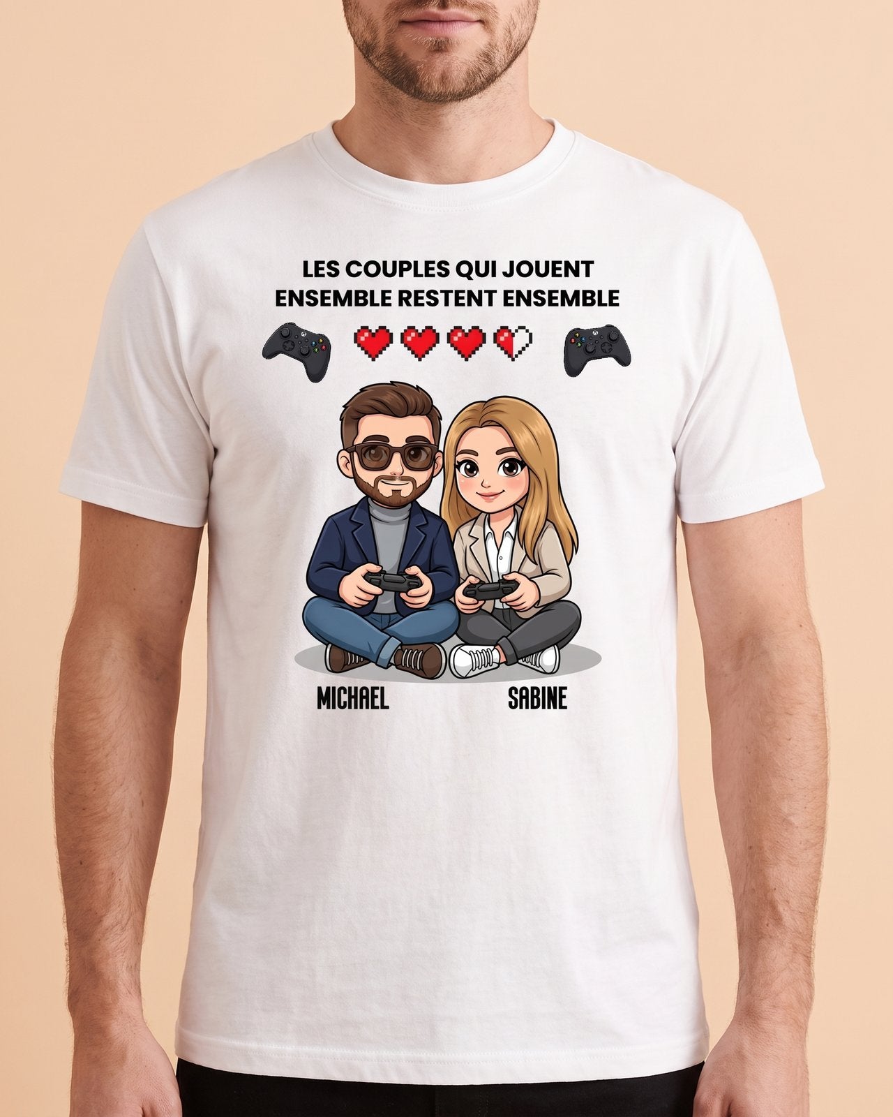 T-shirt couple gamer personnalisé — vos pseudos — vue 1