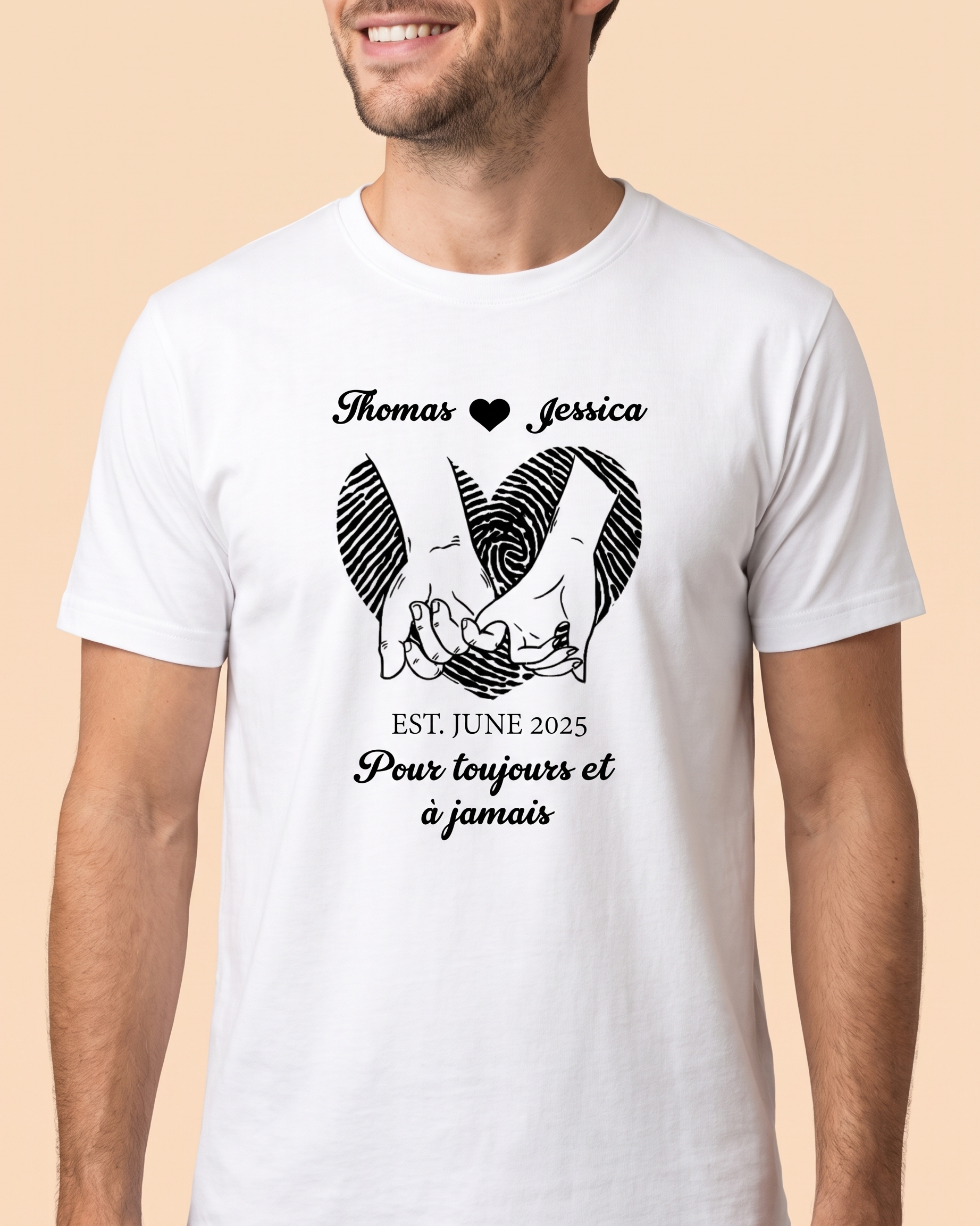 T-shirt couple personnalisé — votre photo & prénoms