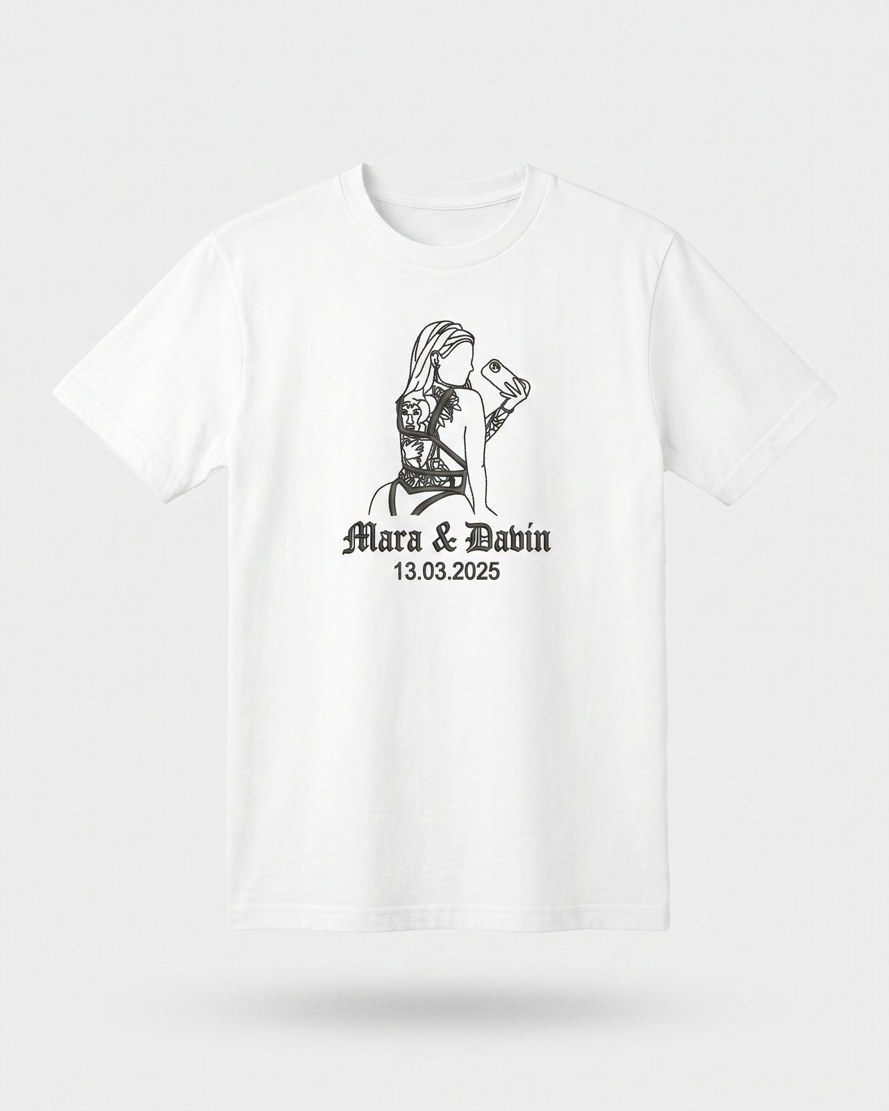 T-shirt couple personnalisé — portrait & prénoms — vue 1 (version précédente)