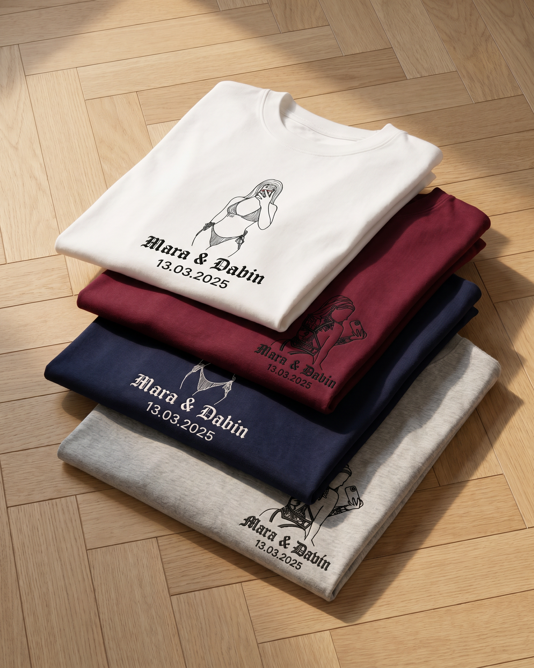 T-shirt couple personnalisé — portrait & prénoms
