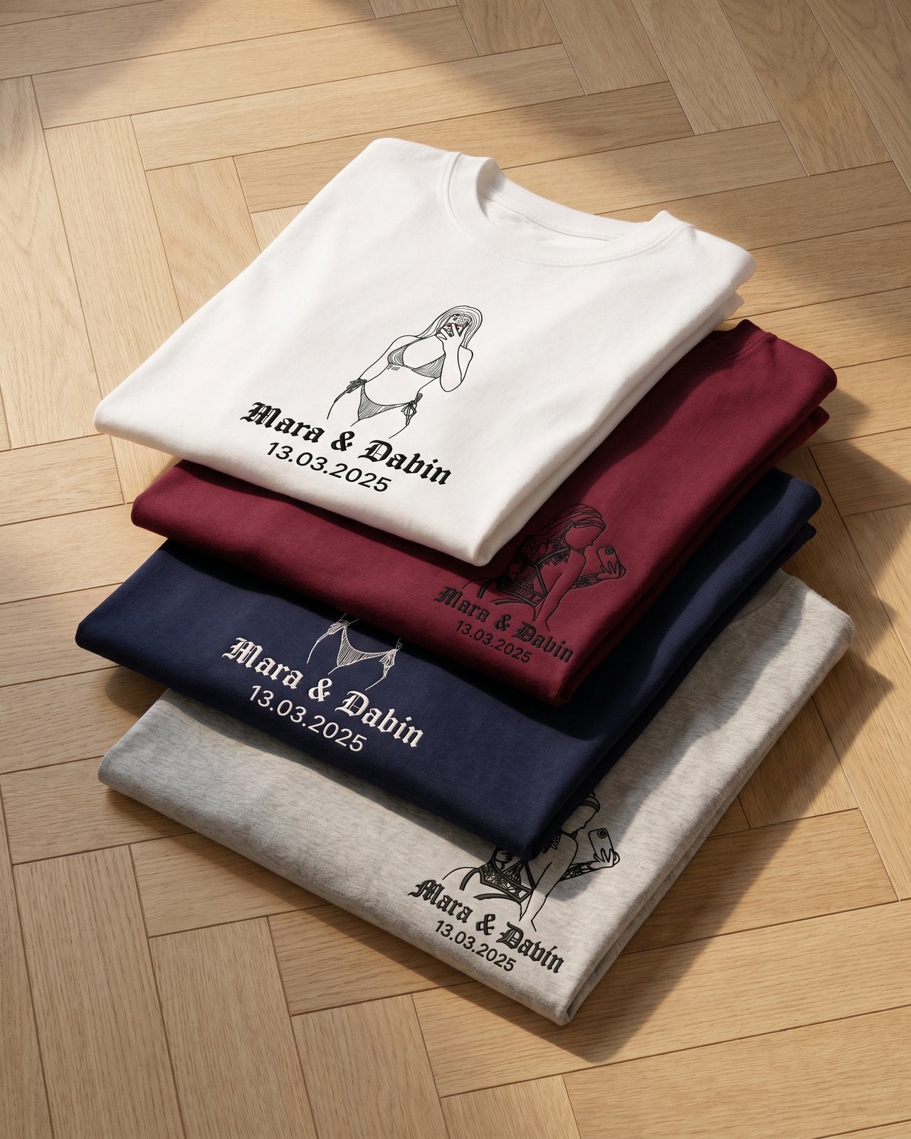 T-shirt couple personnalisé — portrait & prénoms — vue 2 (version précédente)